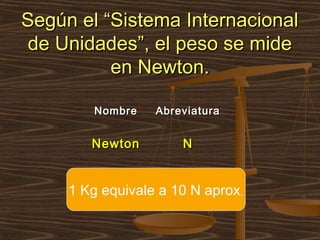 Según el “Sistema Internacional
 de Unidades”, el peso se mide
          en Newton.

        Nombre    Abreviatura


        Newton        N


     1 Kg equivale a 10 N aprox.
 