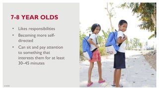6/16/2020 50
• Likes responsibilities
• Becoming more self-
directed
• Can sit and pay attention
to something that
interests them for at least
30–45 minutes
CREDIT:
PAOLO
BALDERIA
FOR
USAID
BASA
PILIPINAS
7-8 YEAR OLDS
 