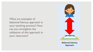 65
What are examples of
balanced literacy approach in
your teaching practice? How
can you strengthen the
utilization of this approach in
your classroom?
 