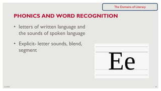 6/16/2020 90
PHONICS AND WORD RECOGNITION
• letters of written language and
the sounds of spoken language
• Explicit- letter sounds, blend,
segment
The Domains of Literacy
 