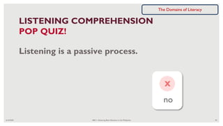6/16/2020 ABC+: Advancing Basic Education in the Philippines 92
LISTENING COMPREHENSION
POP QUIZ!
no
x
Listening is a passive process.
The Domains of Literacy
 