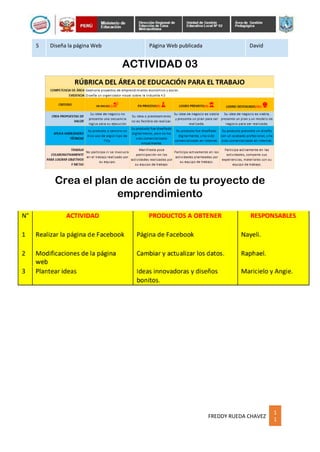 1
1
FREDDY RUEDA CHAVEZ
5 Diseña la página Web Página Web publicada David
ACTIVIDAD 03
Crea el plan de acción de tu proyecto de
emprendimiento
 