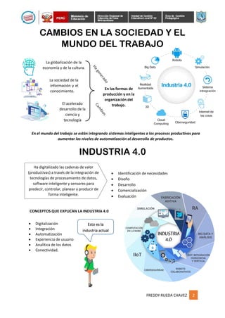 FREDDY RUEDA CHAVEZ 2
CAMBIOS EN LA SOCIEDAD Y EL
MUNDO DEL TRABAJO
La globalización de la
economía y de la cultura.
La sociedad de la
información y el
conocimiento.
El acelerado
desarrollo de la
ciencia y
tecnología
En las formas de
producción y en la
organización del
trabajo.
En el mundo del trabajo se están integrando sistemas inteligentes a los procesos productivos para
aumentar los niveles de automatización al desarrollo de productos.
INDUSTRIA 4.0
 Identificación de necesidades
 Diseño
 Desarrollo
 Comercialización
 Evaluación
CONCEPTOS QUE EXPLICAN LA INDUSTRIA 4.0
 Digitalización
 Integración
 Automatización
 Experiencia de usuario
 Analítica de los datos
 Conectividad.
Ha digitalizado las cadenas de valor
(productivas) a través de la integración de
tecnologías de procesamiento de datos,
software inteligente y sensores para
predecir, controlar, planear y producir de
forma inteligente.
Esto es la
industria actual
 