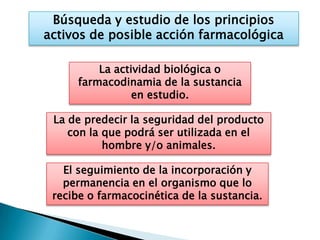 Búsqueda y estudio de los principios
activos de posible acción farmacológica

          La actividad biológica o
      farmacodinamia de la sustancia
                 en estudio.

 La de predecir la seguridad del producto
    con la que podrá ser utilizada en el
           hombre y/o animales.

   El seguimiento de la incorporación y
   permanencia en el organismo que lo
 recibe o farmacocinética de la sustancia.
 