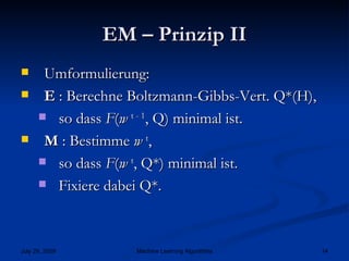 EM – Prinzip II Umformulierung: E  : Berechne Boltzmann-Gibbs-Vert. Q*(H), so dass  F ( w   t - 1 , Q) minimal ist. M  : Bestimme  w   t ,  so dass  F ( w   t , Q*) minimal ist. Fixiere dabei Q*. 