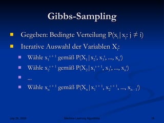 Gibbs-Sampling Gegeben: Bedingte Verteilung P(x i |x j : j ≠ i) Iterative Auswahl der Variablen X i : Wähle x 1 t + 1  gemäß P(X 1 |x 2 t , x 3 t , ..., x n t ) Wähle x 2 t + 1  gemäß P(X 2 |x 1 t + 1 , x 3 t , ..., x n t ) ... Wähle x n t + 1  gemäß P(X n |x 1 t + 1 , x 2 t + 1 , ..., x n - 1 t ) 