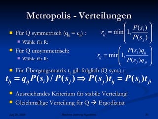 Metropolis - Verteilungen Für Q symmetrisch (q ij  = q ji ) :  Wähle für R: Für Q unsymmetrisch:  Wähle für R:  Für Übergangsmatrix t ij  gilt folglich (Q sym.) : Ausreichendes Kriterium für stabile Verteilung! Gleichmäßige Verteilung für Q    Ergodizität 