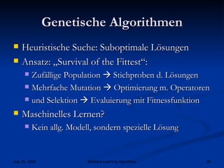 Genetische Algorithmen Heuristische Suche: Suboptimale Lösungen Ansatz: „Survival of the Fittest“: Zufällige Population    Stichproben d. Lösungen Mehrfache Mutation    Optimierung m. Operatoren und Selektion    Evaluierung mit Fitnessfunktion Maschinelles Lernen? Kein allg. Modell, sondern spezielle Lösung 