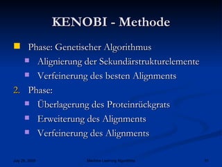 KENOBI - Methode Phase: Genetischer Algorithmus Alignierung der Sekundärstrukturelemente Verfeinerung des besten Alignments Phase: Überlagerung des Proteinrückgrats Erweiterung des Alignments  Verfeinerung des Alignments 