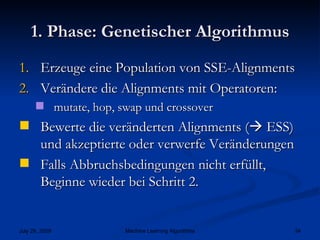 1. Phase: Genetischer Algorithmus Erzeuge eine Population von SSE-Alignments Verändere die Alignments mit Operatoren: mutate, hop, swap und crossover Bewerte die veränderten Alignments (   ESS) und akzeptierte oder verwerfe Veränderungen Falls Abbruchsbedingungen nicht erfüllt, Beginne wieder bei Schritt 2. 