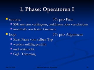 1. Phase: Operatoren I mutate: 3% pro Paar SSE um eins verlängern, verkürzen oder verschieben innerhalb von festen Grenzen. hop: 5% pro Alignment Zwei Paare vom selben Typ  werden zufällig gewählt und vertauscht. Ggf.: Trimming 