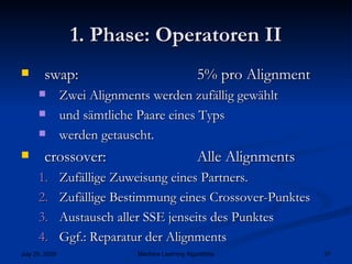 1. Phase: Operatoren II swap: 5% pro Alignment Zwei Alignments werden zufällig gewählt und sämtliche Paare eines Typs werden getauscht. crossover: Alle Alignments Zufällige Zuweisung eines Partners. Zufällige Bestimmung eines Crossover-Punktes Austausch aller SSE jenseits des Punktes Ggf.: Reparatur der Alignments 