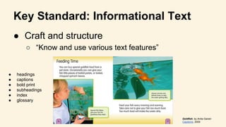 Key Standard: Informational Text
● Craft and structure
○ “Know and use various text features”
● headings
● captions
● bold print
● subheadings
● index
● glossary
Goldfish, by Anita Ganeri
Capstone, 2009
 