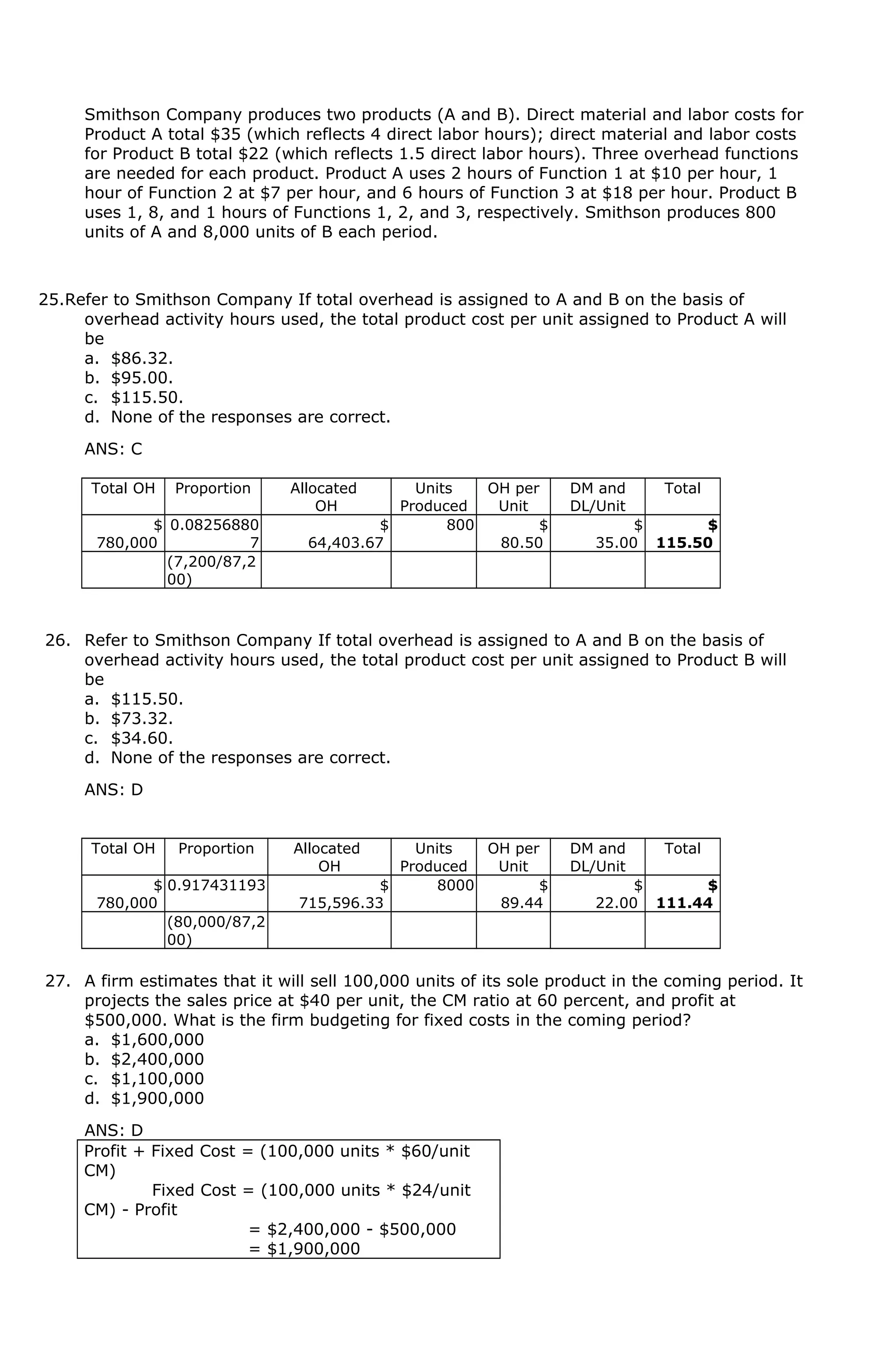 Smithson Company produces two products (A and B). Direct material and labor costs for
Product A total $35 (which reflects 4 direct labor hours); direct material and labor costs
for Product B total $22 (which reflects 1.5 direct labor hours). Three overhead functions
are needed for each product. Product A uses 2 hours of Function 1 at $10 per hour, 1
hour of Function 2 at $7 per hour, and 6 hours of Function 3 at $18 per hour. Product B
uses 1, 8, and 1 hours of Functions 1, 2, and 3, respectively. Smithson produces 800
units of A and 8,000 units of B each period.
25.Refer to Smithson Company If total overhead is assigned to A and B on the basis of
overhead activity hours used, the total product cost per unit assigned to Product A will
be
a. $86.32.
b. $95.00.
c. $115.50.
d. None of the responses are correct.
ANS: C
Total OH Proportion Allocated
OH
Units
Produced
OH per
Unit
DM and
DL/Unit
Total
$
780,000
0.08256880
7
$
64,403.67
800 $
80.50
$
35.00
$
115.50
(7,200/87,2
00)
26. Refer to Smithson Company If total overhead is assigned to A and B on the basis of
overhead activity hours used, the total product cost per unit assigned to Product B will
be
a. $115.50.
b. $73.32.
c. $34.60.
d. None of the responses are correct.
ANS: D
Total OH Proportion Allocated
OH
Units
Produced
OH per
Unit
DM and
DL/Unit
Total
$
780,000
0.917431193 $
715,596.33
8000 $
89.44
$
22.00
$
111.44
(80,000/87,2
00)
27. A firm estimates that it will sell 100,000 units of its sole product in the coming period. It
projects the sales price at $40 per unit, the CM ratio at 60 percent, and profit at
$500,000. What is the firm budgeting for fixed costs in the coming period?
a. $1,600,000
b. $2,400,000
c. $1,100,000
d. $1,900,000
ANS: D
Profit + Fixed Cost = (100,000 units * $60/unit
CM)
Fixed Cost = (100,000 units * $24/unit
CM) - Profit
= $2,400,000 - $500,000
= $1,900,000
 