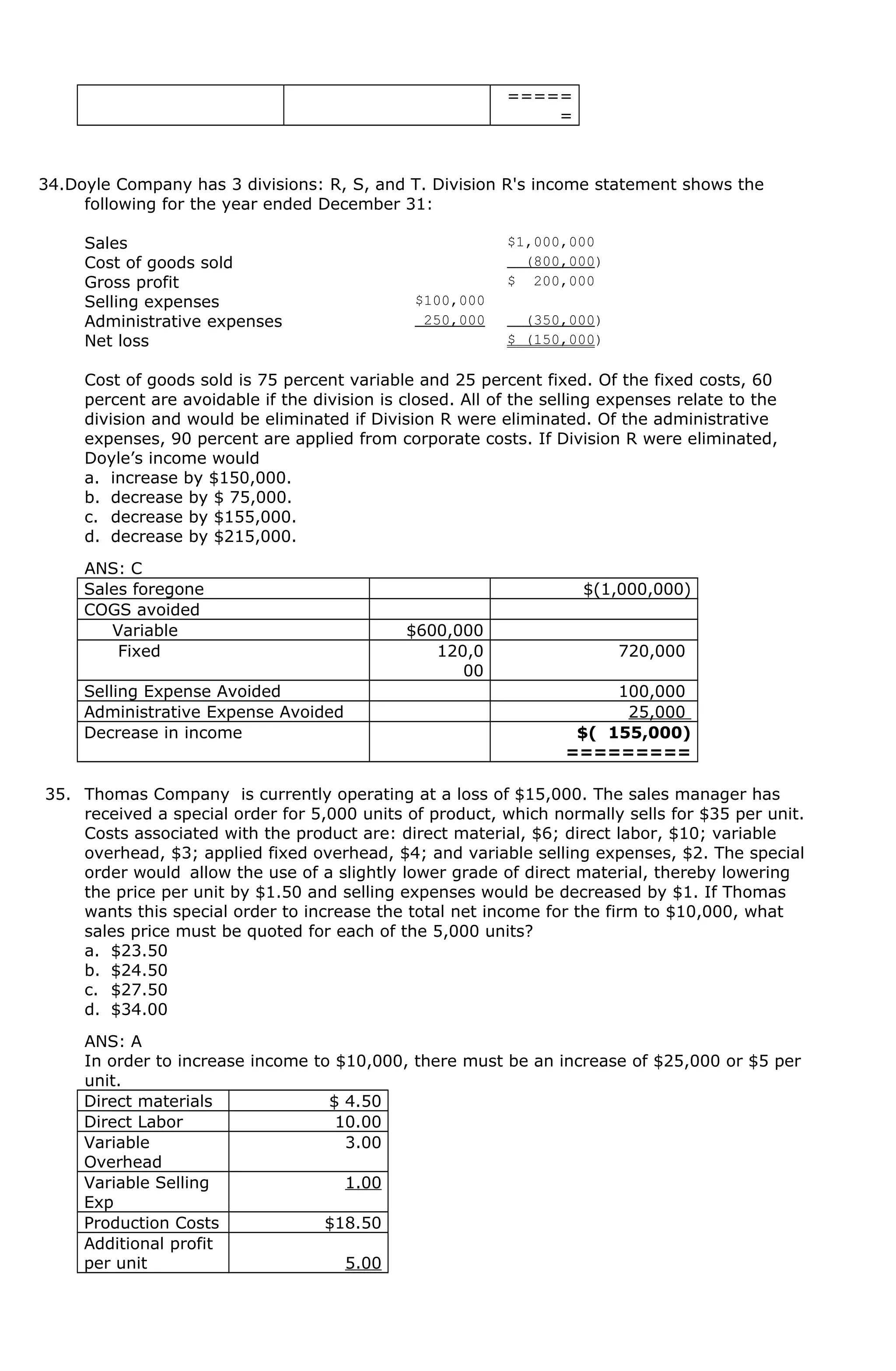 =====
=
34.Doyle Company has 3 divisions: R, S, and T. Division R's income statement shows the
following for the year ended December 31:
Sales $1,000,000
Cost of goods sold (800,000)
Gross profit $ 200,000
Selling expenses $100,000
Administrative expenses 250,000 (350,000)
Net loss $ (150,000)
Cost of goods sold is 75 percent variable and 25 percent fixed. Of the fixed costs, 60
percent are avoidable if the division is closed. All of the selling expenses relate to the
division and would be eliminated if Division R were eliminated. Of the administrative
expenses, 90 percent are applied from corporate costs. If Division R were eliminated,
Doyle’s income would
a. increase by $150,000.
b. decrease by $ 75,000.
c. decrease by $155,000.
d. decrease by $215,000.
ANS: C
Sales foregone $(1,000,000)
COGS avoided
Variable $600,000
Fixed 120,0
00
720,000
Selling Expense Avoided 100,000
Administrative Expense Avoided 25,000
Decrease in income $( 155,000)
=========
35. Thomas Company is currently operating at a loss of $15,000. The sales manager has
received a special order for 5,000 units of product, which normally sells for $35 per unit.
Costs associated with the product are: direct material, $6; direct labor, $10; variable
overhead, $3; applied fixed overhead, $4; and variable selling expenses, $2. The special
order would allow the use of a slightly lower grade of direct material, thereby lowering
the price per unit by $1.50 and selling expenses would be decreased by $1. If Thomas
wants this special order to increase the total net income for the firm to $10,000, what
sales price must be quoted for each of the 5,000 units?
a. $23.50
b. $24.50
c. $27.50
d. $34.00
ANS: A
In order to increase income to $10,000, there must be an increase of $25,000 or $5 per
unit.
Direct materials $ 4.50
Direct Labor 10.00
Variable
Overhead
3.00
Variable Selling
Exp
1.00
Production Costs $18.50
Additional profit
per unit 5.00
 