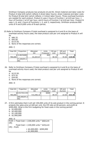 Smithson Company produces two products (A and B). Direct material and labor costs for
Product A total $35 (which reflects 4 direct labor hours); direct material and labor costs
for Product B total $22 (which reflects 1.5 direct labor hours). Three overhead functions
are needed for each product. Product A uses 2 hours of Function 1 at $10 per hour, 1
hour of Function 2 at $7 per hour, and 6 hours of Function 3 at $18 per hour. Product B
uses 1, 8, and 1 hours of Functions 1, 2, and 3, respectively. Smithson produces 800
units of A and 8,000 units of B each period.
25.Refer to Smithson Company If total overhead is assigned to A and B on the basis of
overhead activity hours used, the total product cost per unit assigned to Product A will
be
a. $86.32.
b. $95.00.
c. $115.50.
d. None of the responses are correct.
ANS: C
Total OH Proportion Allocated
OH
Units
Produced
OH per
Unit
DM and
DL/Unit
Total
$
780,000
0.08256880
7
$
64,403.67
800 $
80.50
$
35.00
$
115.50
(7,200/87,2
00)
26. Refer to Smithson Company If total overhead is assigned to A and B on the basis of
overhead activity hours used, the total product cost per unit assigned to Product B will
be
a. $115.50.
b. $73.32.
c. $34.60.
d. None of the responses are correct.
ANS: D
Total OH Proportion Allocated
OH
Units
Produced
OH per
Unit
DM and
DL/Unit
Total
$
780,000
0.917431193 $
715,596.33
8000 $
89.44
$
22.00
$
111.44
(80,000/87,2
00)
27. A firm estimates that it will sell 100,000 units of its sole product in the coming period. It
projects the sales price at $40 per unit, the CM ratio at 60 percent, and profit at
$500,000. What is the firm budgeting for fixed costs in the coming period?
a. $1,600,000
b. $2,400,000
c. $1,100,000
d. $1,900,000
ANS: D
Profit + Fixed Cost = (100,000 units * $60/unit
CM)
Fixed Cost = (100,000 units * $24/unit
CM) - Profit
= $2,400,000 - $500,000
= $1,900,000
 