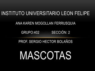INSTITUTO UNIVERSITARIO LEON FELIPE
ANA KAREN MOGOLLAN FERRUSQUIA
GRUPO:402 SECCIÓN: 2
PROF. SERGIO HECTOR BOLAÑOS
MASCOTAS
 