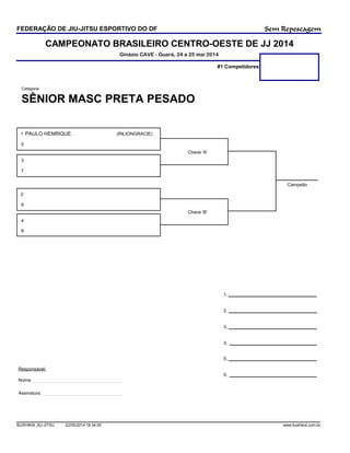 CAMPEONATO BRASILEIRO CENTRO-OESTE DE JJ 2014
Ginásio CAVE - Guará, 24 a 25 mai 2014
FEDERAÇÃO DE JIU-JITSU ESPORTIVO DO DF
SÊNIOR MASC PRETA PESADO
Categoria:
#1 Competidores
Sem Repescagem
Campeão
1.
2.
3.
3.
Chave 'A'
Chave 'B'
5.
5.
Responsável:
Nome:
Assinatura:
PAULO HENRIQUE. (RILIONGRACIE)1
5
3
7
2
6
4
8
BUSHIKAI JIU-JITSU 22/05/2014 18:34:05 www.bushikai.com.br
 
