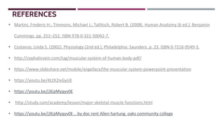 • Martini, Frederic H.; Timmons, Michael J.; Tallitsch, Robert B. (2008). Human Anatomy (6 ed.). Benjamin
Cummings. pp. 251–252. ISBN 978-0-321-50042-7.
• Costanzo, Linda S. (2002). Physiology (2nd ed.). Philadelphia: Saunders. p. 23. ISBN 0-7216-9549-3.
• http://cephalicvein.com/tag/muscular-system-of-human-body-pdf/
• https://www.slideshare.net/mobile/angellacx/the-muscular-system-powerpoint-presentation
• https://youtu.be/4t2X2IvGyUE
• https://youtu.be/j3EpMyqyv0E
• http://study.com/academy/lesson/major-skeletal-muscle-functions.html
• https://youtu.be/j3EpMyqyv0E .. by doc rent Allen hartung oaks community college
REFERENCES
 