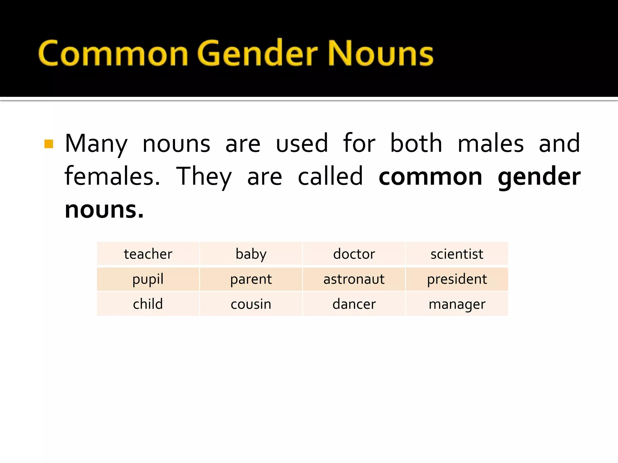 Common Gender NounsMany nouns are used for both males and females. They are called common gender nouns.