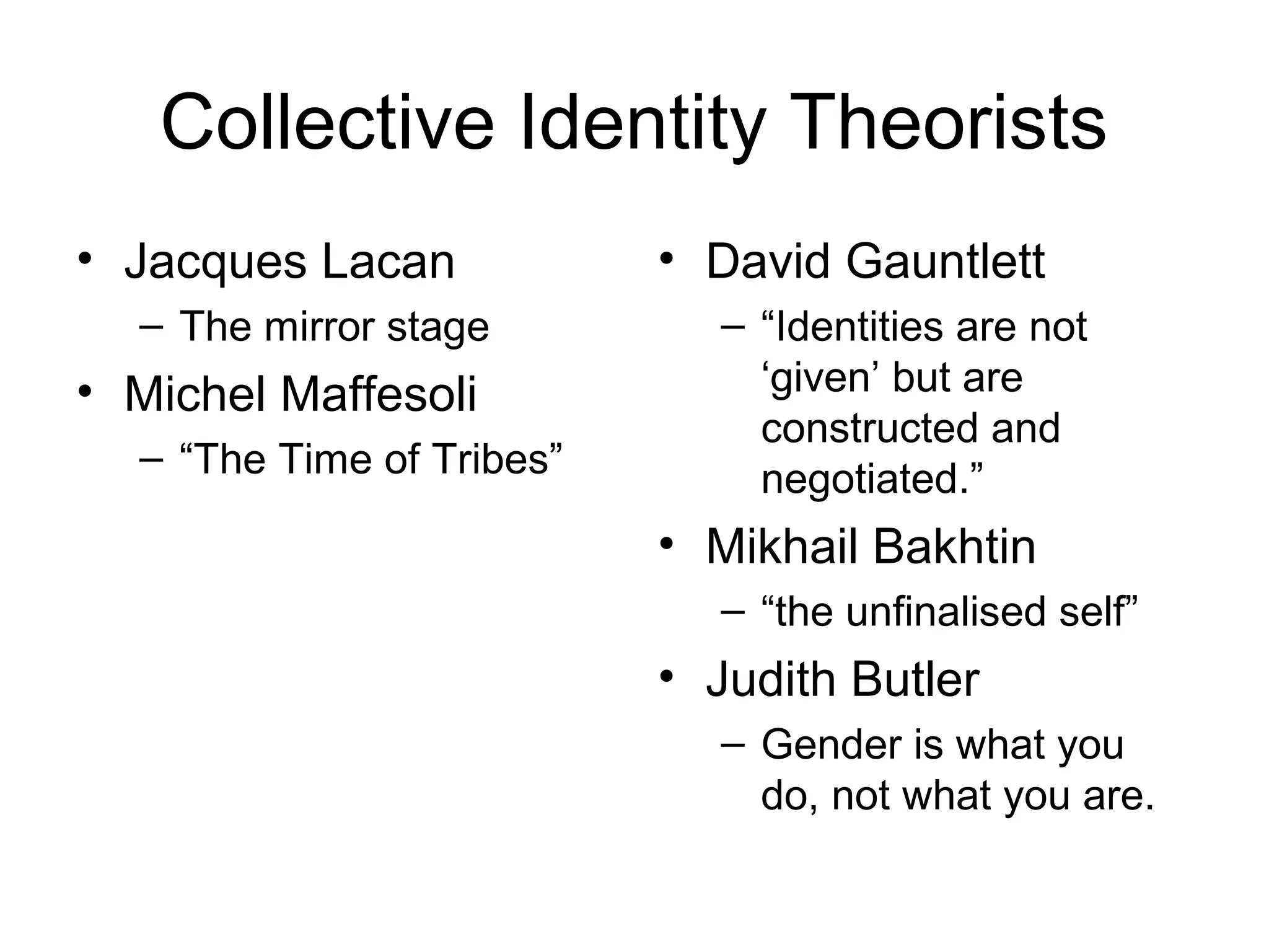 Collective Identity Theorists
• Jacques Lacan
– The mirror stage
• Michel Maffesoli
– “The Time of Tribes”
• David Gauntlett
– “Identities are not
‘given’ but are
constructed and
negotiated.”
• Mikhail Bakhtin
– “the unfinalised self”
• Judith Butler
– Gender is what you
do, not what you are.
 