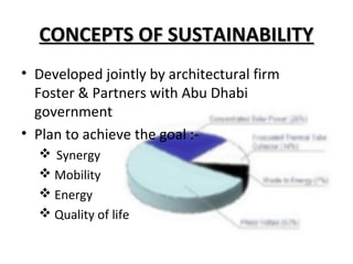 CONCEPTS OF SUSTAINABILITYCONCEPTS OF SUSTAINABILITY
• Developed jointly by architectural firm
Foster & Partners with Abu Dhabi
government
• Plan to achieve the goal :-
 Synergy
 Mobility
 Energy
 Quality of life
 