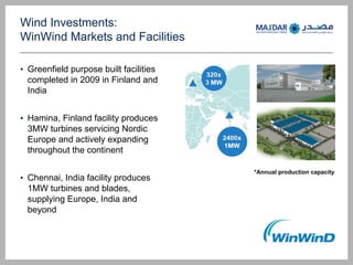 Wind Investments:
WinWind Markets and Facilities
? Greenfield purpose built facilities
completed in 2009 in Finland and
India
? Hamina, Finland facility produces
3MW turbines servicing Nordic
Europe and actively expanding
throughout the continent
? Chennai, India facility produces
1MW turbines and blades,
supplying Europe, India and
beyond
*Annual production capacity
 