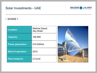 Solar Investments - UAE
? SHAMS 1
Location:
Madinat Zayed,
Abu Dhabi
Capacity: 100 MW
Power generation: 210 GWH/a
Start of operation: 2012
Plant footprint: 2.5 km2
 