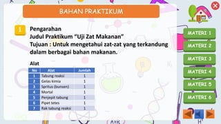 MATERI 1
MATERI 2
MATERI 3
MATERI 4
MATERI 5
MATERI 6
BAHAN PRAKTIKUM
1 Pengarahan
Judul Praktikum “Uji Zat Makanan”
Tujuan : Untuk mengetahui zat-zat yang terkandung
dalam berbagai bahan makanan.
No Alat Jumlah
1 Tabung reaksi 1
2 Gelas kimia 1
3 Spritus (bunsen) 1
4 Mortal 1
5 Penjepit tabung 1
6 Pipet tetes 1
7 Rak tabung reaksi 1
Alat
 