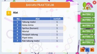 MATERI 1
MATERI 2
MATERI 3
MATERI 4
MATERI 5
MATERI 6
BAHAN PRAKTIKUM
1 Alat
No Alat Jumlah
1 Tabung reaksi 1
2 Gelas kimia 1
3 Spritus (bunsen) 1
4 Mortal 1
5 Penjepit tabung 1
6 Pipet tetes 1
7 Rak tabung reaksi 1
 