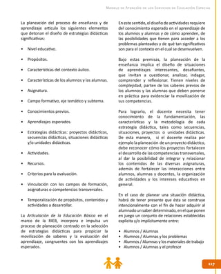 117117
Modelo de Atención de los Servicios de Educación Especial
La planeación del proceso de enseñanza y de
aprendizaje articula los siguientes elementos
que detonan el diseño de estrategias didácticas
significativas:
•	 Nivel educativo.
•	 Propósitos.
•	 Características del contexto áulico.
•	 Características de los alumnos y las alumnas.
•	 Asignatura.
•	 Campo formativo, eje temático y subtema.
•	 Conocimientos previos.
•	 Aprendizajes esperados.
•	 Estrategias didácticas: proyectos didácticos,
secuencias didácticas, situaciones didácticas
y/o unidades didácticas.
•	 Actividades.
•	 Recursos.
•	 Criterios para la evaluación.
•	 Vinculación con los campos de formación,
asignaturas o competencias transversales.
•	 Temporalización de propósitos, contenidos y
actividades a desarrollar.
La Articulación de la Educación Básica en el
marco de la RIEB, incorpora e impulsa un
proceso de planeación centrado en la selección
de estrategias didácticas para propiciar la
movilización de saberes y la evaluación del
aprendizaje, congruentes con los aprendizajes
esperados.
En este sentido, el diseño de actividades requiere
del conocimiento esperado en el aprendizaje de
los alumnos y alumnas y de cómo aprenden, de
las posibilidades que tienen para acceder a los
problemas planteados y de qué tan significativos
son para el contexto en el cual se desenvuelven.
Bajo estas premisas, la planeación de la
enseñanza implica el diseño de situaciones
de aprendizajes interesantes, desafiantes,
que invitan a cuestionar, analizar, indagar,
comprender y reflexionar. Tienen niveles de
complejidad, parten de los saberes previos de
los alumnos y las alumnas que deben ponerse
en práctica para evidenciar la movilización de
sus competencias.
Para lograrlo, el docente necesita tener
conocimiento de la fundamentación, las
características y la metodología de cada
estrategia didáctica, tales como secuencias,
situaciones, proyectos o unidades didácticas.
De esta manera, si el docente realiza por
ejemplo la planeación de un proyecto didáctico,
debe reconocer cómo los proyectos fortalecen
el desarrollo de las competencias transversales,
al dar la posibilidad de integrar y relacionar
los contenidos de las diversas asignaturas,
además de fortalecer las interacciones entre
alumnos, alumnas y docentes, la organización
de actividades y los intereses educativos en
general.
En el caso de planear una situación didáctica,
habrá de tener presente que ésta se construye
intencionalmente con el fin de hacer adquirir al
alumnadounsaberdeterminado,enelqueponen
en juego un conjunto de relaciones establecidas
explicita y/o implícitamente entre:
•	 Alumnos / Alumnas
•	 Alumnos / Alumnas y los problemas
•	 Alumnos / Alumnas y los materiales de trabajo
•	 Alumnos / Alumnas y el profesor
 
