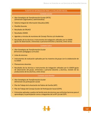 147147
Modelo de Atención de los Servicios de Educación Especial
FUENTES DE INFORMACIÓN PARA LA EVALUACIÓN INICIAL
Contexto escolar
•	 Plan Estratégico de Transformación Escolar (PETE)
(Dimensión organizativa y administrativa)
•	 Sistema Integral de Información Educativa (SIIE)
•	 Plantilla Docente
•	 Resultados de ENLACE
•	 Resultados IDANIS
•	 Agendas y minutas de reuniones de Consejo Técnico y/o Academias
•	 Resultados de las técnicas e instrumentos de indagación utilizados por la USAER
(guías de observación, entrevistas a personal directivo y docente, entre otras)
Contexto áulico
•	 Plan Estratégico de Transformación Escolar
(Dimensión pedagógica curricular)
•	 Listas de alumnos
•	 Instrumentos de evaluación aplicados por los maestros de grupo con la colaboración de
la USAER
•	 Planeaciones docentes
•	 Resultados de las técnicas e instrumentos de indagación utilizados por la USAER (guías
de observación del grupo, entrevistas a personal docente y alumnos, revisión de las
producciones de los alumnos, entre otras)
Contexto socio-familiar
•	 Plan Estratégico de Transformación Escolar
(Dimensión de participación social)
•	 Plan de Trabajo de la Asociación de Padres de Familia (APF)
•	 Plan de Trabajo del Consejo Escolar de Participación Social (CEPS)
•	 Entrevistas aplicadas a padres de familia tanto de alumnos que enfrentan barreras para el
aprendizaje y la participación como a integrantes de la APF y/o del CEPS
 