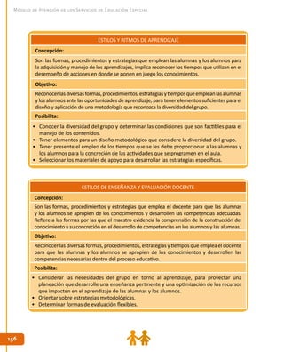156156
Modelo de Atención de los Servicios de Educación Especial
ESTILOS Y RITMOS DE APRENDIZAJE
Concepción:
Son las formas, procedimientos y estrategias que emplean las alumnas y los alumnos para
la adquisición y manejo de los aprendizajes, implica reconocer los tiempos que utilizan en el
desempeño de acciones en donde se ponen en juego los conocimientos.
Objetivo:
Reconocerlasdiversasformas,procedimientos,estrategiasytiemposqueempleanlasalumnas
y los alumnos ante las oportunidades de aprendizaje, para tener elementos suficientes para el
diseño y aplicación de una metodología que reconozca la diversidad del grupo.
Posibilita:
•	 Conocer la diversidad del grupo y determinar las condiciones que son factibles para el
manejo de los contenidos.
•	 Tener elementos para un diseño metodológico que considere la diversidad del grupo.
•	 Tener presente el empleo de los tiempos que se les debe proporcionar a las alumnas y
los alumnos para la concreción de las actividades que se programen en el aula.
•	 Seleccionar los materiales de apoyo para desarrollar las estrategias específicas.
ESTILOS DE ENSEÑANZA Y EVALUACIÓN DOCENTE
Concepción:
Son las formas, procedimientos y estrategias que emplea el docente para que las alumnas
y los alumnos se apropien de los conocimientos y desarrollen las competencias adecuadas.
Refiere a las formas por las que el maestro evidencia la comprensión de la construcción del
conocimiento y su concreción en el desarrollo de competencias en los alumnos y las alumnas.
Objetivo:
Reconocer las diversas formas, procedimientos, estrategias y tiempos que emplea el docente
para que las alumnas y los alumnos se apropien de los conocimientos y desarrollen las
competencias necesarias dentro del proceso educativo.
Posibilita:
•	 Considerar las necesidades del grupo en torno al aprendizaje, para proyectar una
planeación que desarrolle una enseñanza pertinente y una optimización de los recursos
que impacten en el aprendizaje de las alumnas y los alumnos.
•	 Orientar sobre estrategias metodológicas.
•	 Determinar formas de evaluación flexibles.
 
