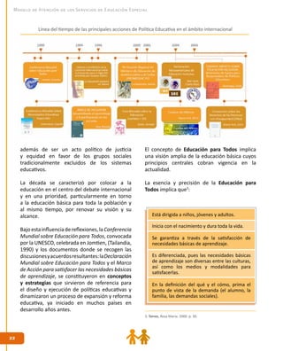 2222
Modelo de Atención de los Servicios de Educación Especial
además de ser un acto político de justicia
y equidad en favor de los grupos sociales
tradicionalmente excluidos de los sistemas
educativos.
La década se caracterizó por colocar a la
educación en el centro del debate internacional
y en una prioridad, particularmente en torno
a la educación básica para toda la población y
al mismo tiempo, por renovar su visión y su
alcance.
Bajoestainfluenciadereflexiones,laConferencia
Mundial sobre Educación para Todos, convocada
por la UNESCO, celebrada en Jomtien, (Tailandia,
1990) y los documentos donde se recogen las
discusionesyacuerdosresultantes:laDeclaración
Mundial sobre Educación para Todos y el Marco
de Acción para satisfacer las necesidades básicas
de aprendizaje, se constituyeron en conceptos
y estrategias que sirvieron de referencia para
el diseño y ejecución de políticas educativas y
dinamizaron un proceso de expansión y reforma
educativa, ya iniciado en muchos países en
desarrollo años antes.
El concepto de Educación para Todos implica
una visión amplia de la educación básica cuyos
principios centrales cobran vigencia en la
actualidad.
La esencia y precisión de la Educación para
Todos implica que3
:
Línea del tiempo de las principales acciones de Política Educativa en el ámbito internacional
Está dirigida a niños, jóvenes y adultos.
Inicia con el nacimiento y dura toda la vida.
Se garantiza a través de la satisfacción de
necesidades básicas de aprendizaje.
Es diferenciada, pues las necesidades básicas
de aprendizaje son diversas entre las culturas,
así como los medios y modalidades para
satisfacerlas.
En la definición del qué y el cómo, prima el
punto de vista de la demanda (el alumno, la
familia, las demandas sociales).
3. Torres, Rosa María. 2000. p. 30.
 