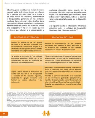 4646
Modelo de Atención de los Servicios de Educación Especial
ENFOQUE DE INTEGRACIÓN EDUCACIÓN INCLUSIVA
Priorizó la Integración de los grupos
excluidos a las escuelas comunes. Los
estudiantes se tuvieron que adaptar a la
oferta educativa disponible. En este sentido
representó sólo un proceso de asimilación.
•	 Prioriza la transformación de los sistemas
educativos para adaptar la oferta educativa a
la diversidad del alumnado. En este sentido
representa un proceso de personalización.
Se articuló al concepto de “necesidades
educativas especiales (NEE) con o sin
discapacidad”. Es decir, el “problema” se
centró en el sujeto de atención.
•	 Tienecomoejevertebralelconcepto“barreraspara
el aprendizaje y la participación”, su eliminación o
disminución.Esdecir,laproblemáticaseencuentra
en los contextos generadores de estas barreras.
Aspiró a hacer efectivo el derecho de los
sujetos con NEE con o sin discapacidad
a educarse en las escuelas regulares,
recibiendo los apoyos necesarios para
facilitar su proceso educativo y su
autonomía.
•	 Representa un impulso fundamental para avanzar
hacia la Educación para Todos y hacer efectivo
para toda la población el derecho a una educación
de calidad.
•	 Inscribe el ejercicio del derecho a la educación
en los principios de gratuidad y obligatoriedad,
igualdad de oportunidades y en el derecho a la no
discriminación y el derecho a la propia identidad.
•	 Impulsa una educación en y para los derechos
humanos.
47. Ainscow, Mel. 2000, 2004a, 2004b “Desarrollo de sistemas educativos
inclusivos.” Obtenido el 6 de marzo de 2011, de: http://web.mac.com/jbarbo00/
Educa%C3%A7%C3%A3o/Educa%C3%A7%C3%A3o/Entries/2007/11/26_
Educa%C3%A7%C3%A3o_Inclusiva_-_Mell_Ainscow_files/mel_ainscow.pdf y 2005.
“El próximo gran reto: la mejora de la escuela inclusiva.” Obtenido el 6 de marzo de
2011, de: http://barcelona-icsei2005.org/Imagenes/ponencias_completas/Ainscow_
esp.pdf
Blanco,Rosa.2006.“Laequidadylainclusiónsocial:unodelosdesafíosdelaeducación
y la escuela hoy”. Obtenido el 4 de marzo de 2011, de: http://www.rinace.net/arts/
vol4num3/art1.htm
Echeita, Gerardo. 2004. “¿Por qué Jorge no puede ir al mismo colegio que su hermano?
Un análisis de algunas barreras que dificultan el avance hacia una escuela para todos
y con todos.” Obtenido el 4 de marzo de 2011, de: http://www.ice.deusto.es/rinace/
reice/vol2n2/Echeita.pdf; 2005, “Perspectivas y dimensiones críticas en las políticas
de atención a la diversidad.” Obtenido el 4 de marzo de 2011, de: http://www.uam.
es/personal_pdi/stmaria/sarrio/DOCUMENTOS,%20ARTICULOS,%20PONENECIAS,/
Atencion%20a%20la%20diversidad.pdf; 2006. “Ojos que no ven corazón que no siente.
Cuando los procesos de exclusión escolar se vuelven invisibles.” Obtenido el 4 de marzo
de 2011, de: http://sid.usal.es/idocs/F8/ART11906/paradojas_y_dilemas.txt 2008.
“Inclusión y exclusión educativa. Voz y quebranto”. Obtenido el 4 de marzo de 2011, de:
http://www.oei.es/noticias/spip.php?article2633
Giné, Climent. 2001. “Inclusión y sistema educativo”. Obtenido el 5 de marzo de 2011,
de: http://campus.usal.es/~inico/actividades/actasuruguay2001/1.pdf
Juárez, José Manuel; Comboni, Sonia y Garnique, Fely. 2010. “De la educación especial a
la educación inclusiva.” Obtenido el 6 de marzo de 2011, de: I:textostextos E. Inclusiva
Argumentos (México, D_F_) - De la educación especial a la educación inclusiva.mht
Educativa, pues constituye un motor de mayor
equidad social y al mismo tiempo un esfuerzo
de la política educativa para hacer frente a
los altos índices de exclusión, discriminación
y desigualdades, generadas en los contextos
escolares. Para enfrentar estos desafíos, tiene
comopremisaadaptarlaenseñanzaaladiversidad
de necesidades educativas del alumnado. Desde
esta perspectiva, ya no son los sujetos quienes
se tienen que adaptar a la escolarización y
enseñanza disponible como ocurría en la
Integración Educativa, sino que la enseñanza se
adapta a sus necesidades para facilitar su plena
participación y aprendizaje. Ésta es la esencia
y diferencia radical planteada por la Educación
Inclusiva.
En el siguiente cuadro se establece las diferencias
sustantivas entre el enfoque de Integración
Educativa y el de Educación Inclusiva47
:
 
