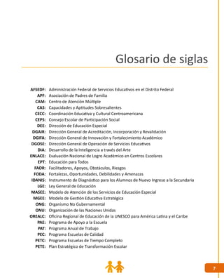 7
AFSEDF:
APF:
CAM:
CAS:
CECC:
CEPS:
DEE:
DGAIR:
DGIFA:
DGOSE:
DIA:
ENLACE:
EPT:
FAOR:
FODA:
IDANIS:
LGE:
MASEE:
MGEE:
ONG:
ONU:
OREALC:
PAE:
PAT:
PEC:
PETC:
PETE:
Administración Federal de Servicios Educativos en el Distrito Federal
Asociación de Padres de Familia
Centro de Atención Múltiple
Capacidades y Aptitudes Sobresalientes
Coordinación Educativa y Cultural Centroamericana
Consejo Escolar de Participación Social
Dirección de Educación Especial
Dirección General de Acreditación, Incorporación y Revalidación
Dirección General de Innovación y Fortalecimiento Académico
Dirección General de Operación de Servicios Educativos
Desarrollo de la Inteligencia a través del Arte
Evaluación Nacional de Logro Académico en Centros Escolares
Educación para Todos
Facilitadores, Apoyos, Obstáculos, Riesgos
Fortalezas, Oportunidades, Debilidades y Amenazas
Instrumento de Diagnóstico para los Alumnos de Nuevo Ingreso a la Secundaria
Ley General de Educación
Modelo de Atención de los Servicios de Educación Especial
Modelo de Gestión Educativa Estratégica
Organismo No Gubernamental
Organización de las Naciones Unidas
Oficina Regional de Educación de la UNESCO para América Latina y el Caribe
Programa de Apoyo a la Escuela
Programa Anual de Trabajo
Programa Escuelas de Calidad
Programa Escuelas de Tiempo Completo
Plan Estratégico de Transformación Escolar
Glosario de siglas
 
