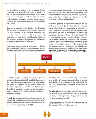 8282
Modelo de Atención de los Servicios de Educación Especial
en la política, la cultura y las prácticas de los
centros educativos, así como orientar la práctica
para la eliminación o disminución de las barreras
para el aprendizaje y la participación, presentes
en los diversos contextos (escolar, áulico y socio-
familiar), garantizando una educación de calidad
para todos.
Bajo estos principios, el Modelo de Atención
de los Servicios de Educación Especial tiene un
carácter flexible, pues permite concebir los
servicios con una visión holística y abierta al
análisis en torno a las necesidades y condiciones
del alumno, así como el papel de los diferentes
actores de la comunidad educativa.
En él, se reconoce el carácter interactivo y relativo
de los múltiples factores que intervienen en los
procesoseducativos,enrelaciónconlosdiferentes
contextos donde interactúan los alumnos y las
alumnas, de tal forma que la comunidad escolar
reflexiona sobre sus prácticas, culturas y políticas,
aportando elementos para la mejora y cambio de
la gestión de la escuela y del aula.
Haciendo posible la reconceptualización de los
enfoques de trabajo, la diversificación de las
estrategias didácticas generales y específicas,
para garantizar la satisfacción de necesidades
educativas de todo el alumnado, las formas de
evaluación del aprendizaje y la implantación de
la democracia como forma de trabajo cotidiano,
de manera tal que los alumnos y las alumnas
cuenten con las oportunidades necesarias para
lograr aprendizajes para la vida. A partir de
los planteamientos abordados, el Modelo de
Atención de los Servicios de Educación Especial es
concepto,espráctica,esformaciónyesaxiología.
Es concepto porque implica un vehículo para el
pensamientoyelanálisisdelarealidadeducativa;es
decir, significa la esencia y sustancia de la Dirección
de Educación Especial, de sus profesionales y al
mismo tiempo, es una construcción teórica para
describir y explicitar el proceso de atención a
través de la especificidad de su funcionamiento y
de su lógica interna.
Es práctica porque reconoce el compromiso, la
energía, los conocimientos y las habilidades de los
profesionales como los aspectos determinantes en
el cambio de los servicios de la DEE.
Es formación porque moviliza el pensamiento
y la acción, al mismo tiempo implica procesos
vinculados al aprendizaje y la aplicación de
los conocimientos en la mejora de la práctica
educativa.
Es axiología porque implica un modo de sentir,
de pensar, de ser y de hacer educación. Proyecta
un compromiso profesional que es a la vez
compromiso ético- social.
Los propósitos del Modelo de Atención de los
Servicios de Educación Especial son:
 