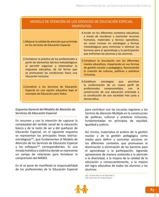 8383
Modelo de Atención de los Servicios de Educación Especial
MODELO DE ATENCIÓN DE LOS SERVICIOS DE EDUCACIÓN ESPECIAL
PROPÓSITOS
1.Mejorar la calidad de atención que se brinda
en los servicios de Educación Especial.
4.Incidir en los diferentes contextos educativos
a través de reordenar y reorientar recursos
humanos, materiales y técnico operativos,
así como innovar en estrategias y formas
metodológicas para minimizar o eliminar las
barreras para el aprendizaje y la participación
que enfrentan las alumnas y los alumnos.
2.Fortalecer la práctica de los profesionales a
partir de elementos técnico-metodológicos
al permitir organizar y sistematizar la
respuesta educativa, de tal forma que
se promuevan las condiciones hacia una
Educación Inclusiva.
5.Fortalecer la vinculación con los diferentes
niveles educativos, impactando en sus formas
de gestión escolar y pedagógica, favoreciendo
la creación de culturas, políticas y prácticas
inclusivas.
3.Constituir a los Servicios de Educación
Especial en una opción educativa bajo el
concepto de Educación para Todos.
6.Establecer estrategias que permitan
la conformación de un nuevo perfil de
profesionales comprometidos, con la
construcción de una educación orientada a
la constitución de una sociedad más justa y
democrática.
Esquema General del Modelo de Atención de
Servicios de Educación Especial
En resumen y con la intención de capturar la
complejidad del sentido social de la educación
básica y de la razón de ser y del quehacer de
Educación Especial, en el siguiente esquema
se representan las principales líneas teórico-
estratégicas102
, que fundamentan el Modelo de
Atención de los Servicios de Educación Especial
y los enfoques103
correspondientes. Es una
mirada holística y sistémica donde se representa
un campo de relaciones para fortalecer la
comprensión del MASEE.
En él se pone de manifiesto la responsabilidad
de los profesionales de la Educación Especial
para contribuir con las escuelas regulares y los
Centros de Atención Múltiple en la construcción
de políticas, culturas y prácticas inclusivas,
fundamentadas en principios de equidad,
igualdad y justicia.
Así mismo, materializa el análisis de la gestión
escolar y de la gestión pedagógica como
medio para definir y concretar acciones en
los diferentes contextos que promuevan la
disminución o eliminación de las barreras para
el aprendizaje y la participación, logrando
aproximarse de manera sostenida a la atención
a la diversidad, a la mejora de la calidad de la
educación y consecuentemente, a la mejora
del logro educativo de todos los alumnos y las
alumnas.
102. Ya descritas en el Apartado 5.
103. Descritas en el Apartado 6.
 