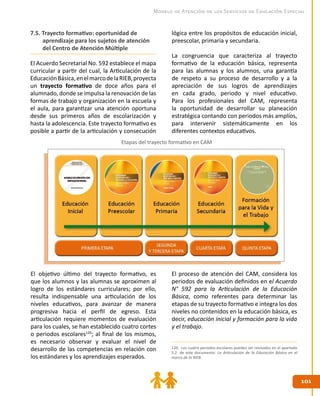 Modelo de Atención de los Servicios de Educación Especial


7.5. Trayecto formativo: oportunidad de                 lógica entre los propósitos de educación inicial,
     aprendizaje para los sujetos de atención           preescolar, primaria y secundaria.
     del Centro de Atención Múltiple
                                                        La congruencia que caracteriza al trayecto
El Acuerdo Secretarial No. 592 establece el mapa        formativo de la educación básica, representa
curricular a partir del cual, la Articulación de la     para las alumnas y los alumnos, una garantía
Educación Básica, en el marco de la RIEB, proyecta      de respeto a su proceso de desarrollo y a la
un trayecto formativo de doce años para el              apreciación de sus logros de aprendizajes
alumnado, donde se impulsa la renovación de las         en cada grado, periodo y nivel educativo.
formas de trabajo y organización en la escuela y        Para los profesionales del CAM, representa
el aula, para garantizar una atención oportuna          la oportunidad de desarrollar su planeación
desde sus primeros años de escolarización y             estratégica contando con periodos más amplios,
hasta la adolescencia. Este trayecto formativo es       para intervenir sistemáticamente en los
posible a partir de la articulación y consecución       diferentes contextos educativos.
                                    Etapas del trayecto formativo en CAM




El objetivo último del trayecto formativo, es           El proceso de atención del CAM, considera los
que los alumnos y las alumnas se aproximen al           periodos de evaluación definidos en el Acuerdo
logro de los estándares curriculares; por ello,         N° 592 para la Articulación de la Educación
resulta indispensable una articulación de los           Básica, como referentes para determinar las
niveles educativos, para avanzar de manera              etapas de su trayecto formativo e integra los dos
progresiva hacia el perfil de egreso. Esta              niveles no contenidos en la educación básica, es
articulación requiere momentos de evaluación            decir, educación inicial y formación para la vida
para los cuales, se han establecido cuatro cortes       y el trabajo.
o periodos escolares120; al final de los mismos,
es necesario observar y evaluar el nivel de
desarrollo de las competencias en relación con         120. Los cuatro periodos escolares pueden ser revisados en el apartado
                                                       5.2. de este documento: La Articulación de la Educación Básica en el
los estándares y los aprendizajes esperados.           marco de la RIEB.




                                                                                                                                101
 