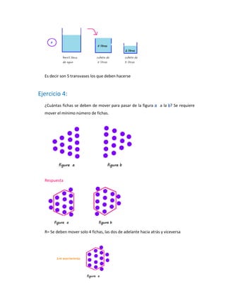 Es decir son 5 transvases los que deben hacerse
Ejercicio 4:
¿Cuántas fichas se deben de mover para pasar de la figura a laa ? Se requiereb
mover el mínimo número de fichas.
Respuesta
R= Se deben mover solo 4 fichas, las dos de adelante hacia atrás y viceversa
 