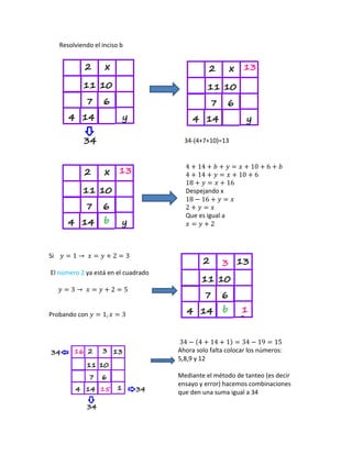 Resolviendo el inciso b
34-(4+7+10)=13
Despejando x
Que es igual a
Si
El número 2 ya está en el cuadrado
Probando con
Ahora solo falta colocar los números:
5,8,9 y 12
Mediante el método de tanteo (es decir
ensayo y error) hacemos combinaciones
que den una suma igual a 34
 