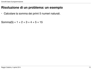 Reggio Calabria, 4 aprile 2014
Concetti base di programmazione
13
Risoluzione di un problema: un esempio
• Calcolare la somma dei primi 5 numeri naturali.

!
Somma(5) = 1 + 2 + 3 + 4 + 5 = 15
 