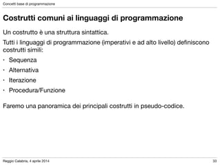 Reggio Calabria, 4 aprile 2014
Concetti base di programmazione
33
Costrutti comuni ai linguaggi di programmazione
Un costrutto è una struttura sintattica.

Tutti i linguaggi di programmazione (imperativi e ad alto livello) deﬁniscono
costrutti simili:

• Sequenza

• Alternativa

• Iterazione

• Procedura/Funzione

!
Faremo una panoramica dei principali costrutti in pseudo-codice.
 