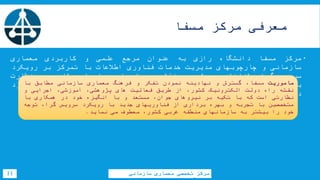 ‫معرفی‬‫مرکز‬‫مسفا‬
‫مرکز‬‫مسفا‬‫دانشگاه‬‫رازی‬‫به‬‫عنوان‬‫مرجع‬‫علمی‬‫و‬‫کاربردی‬‫معماری‬
‫سازمانی‬‫و‬‫چارچوبهای‬‫مدیریت‬‫خدمات‬‫فناوری‬‫اطالعات‬‫با‬‫تمرکز‬‫بر‬‫رویکرد‬
‫سرویس‬،‫گرا‬‫شناخته‬‫می‬‫شود‬‫و‬‫نقش‬‫برجسته‬‫ای‬،‫دراجرا‬‫مشاوره‬‫و‬‫نظارت‬
‫بر‬‫پروژه‬،‫ها‬‫تولید‬،‫دانش‬‫فرهنگ‬‫سازی‬‫و‬‫آموزش‬‫در‬‫حوزه‬‫کاری‬‫خود‬
‫دارد‬.
11
‫ماموریت‬،‫مسفا‬‫گسترش‬‫و‬‫نهادینه‬‫نمودن‬‫تفکر‬‫و‬‫فرهنگ‬‫معماری‬‫سازمانی‬‫مطابق‬‫با‬
‫نقشه‬‫راه‬‫دولت‬‫الکترونیک‬،‫کشور‬‫از‬‫طریق‬‫فعالیت‬‫های‬،‫پژوهشی‬،‫آموزشی‬‫اجرایی‬‫و‬
‫نظارتی‬‫است‬‫که‬‫با‬‫تکیه‬‫بر‬‫نیروهای‬،‫جوان‬‫مستعد‬‫و‬‫با‬‫انگیزه‬‫خود‬‫در‬‫همکاری‬‫با‬
‫متخصصین‬‫با‬‫تجربه‬‫و‬‫بهره‬‫برداری‬‫از‬‫فناوریهای‬‫جدید‬‫با‬‫رویکرد‬‫سرویس‬،‫گرا‬‫توجه‬
‫خود‬‫را‬‫بیشتر‬‫به‬‫سازمانهای‬‫منطقه‬‫غربی‬،‫کشور‬‫معطوف‬‫می‬‫نماید‬.
‫سازمانی‬ ‫معماری‬ ‫تخصصی‬ ‫مرکز‬
 