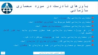 ‫معماری‬ ‫مورد‬ ‫در‬ ‫نادرست‬ ‫باورهای‬
‫سازمانی‬
‫معماری‬‫سازمانی‬‫یک‬‫پروژه‬‫است‬
‫معماری‬‫سازمانی‬‫فقط‬‫مربوط‬‫به‬‫فناوری‬‫اطالعات‬‫است‬.
‫معماری‬‫سازمانی‬‫مستلزم‬‫مستندسازی‬‫مفصل‬‫است‬.
‫در‬‫هر‬‫پروژه‬‫معماری‬‫سازمانی‬‫همه‬‫مخزن‬‫معماری‬‫باید‬‫به‬‫طور‬‫کامل‬
‫تکمیل‬‫شود‬.
‫در‬‫معماری‬‫سازمانی‬‫باید‬‫همه‬‫ی‬‫جزئیات‬‫پوشش‬‫داده‬‫شود‬.
‫تدوین‬‫معماری‬‫سازمانی‬‫کار‬‫مشاوران‬‫خارج‬‫از‬‫سازمان‬‫است‬.
‫مسیر‬‫توسعه‬‫ی‬‫معماری‬‫سازمانی‬‫در‬‫همه‬‫ی‬‫سازمان‬‫ها‬‫یکسان‬‫است‬.
‫سازمانی‬ ‫معماری‬ ‫تخصصی‬ ‫مرکز‬7
 