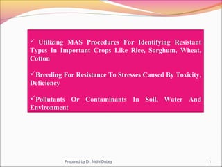  Utilizing MAS Procedures For Identifying Resistant
Types In Important Crops Like Rice, Sorghum, Wheat,
Cotton
Breeding For Resistance To Stresses Caused By Toxicity,
Deficiency
Pollutants Or Contaminants In Soil, Water And
Environment
1Prepared by Dr. Nidhi Dubey
 