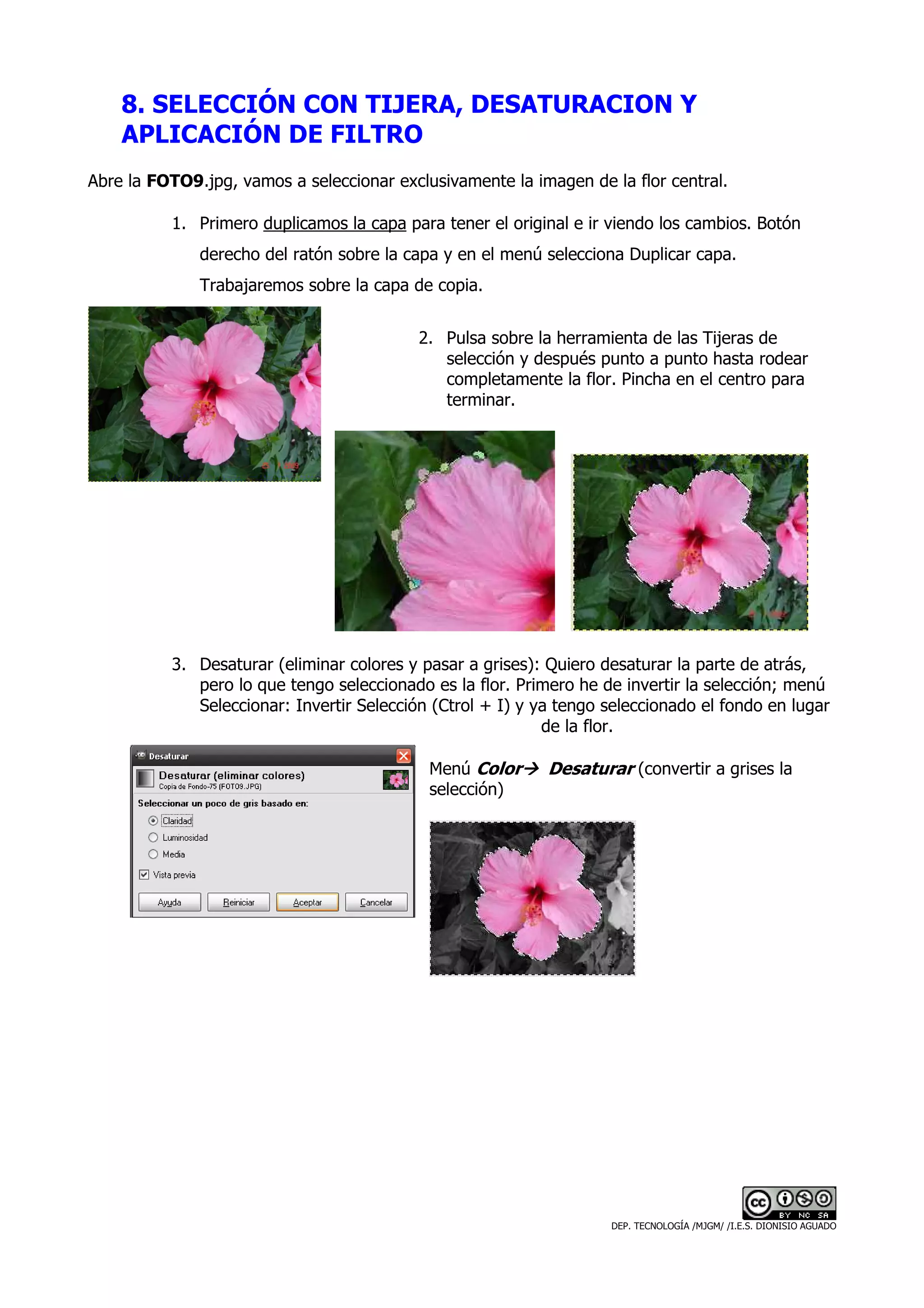 8. SELECCIÓN CON TIJERA, DESATURACION Y
    APLICACIÓN DE FILTRO
Abre la FOTO9.jpg, vamos a seleccionar exclusivamente la imagen de la flor central.

          1. Primero duplicamos la capa para tener el original e ir viendo los cambios. Botón
              derecho del ratón sobre la capa y en el menú selecciona Duplicar capa.
              Trabajaremos sobre la capa de copia.


                                           2. Pulsa sobre la herramienta de las Tijeras de
                                              selección y después punto a punto hasta rodear
                                              completamente la flor. Pincha en el centro para
                                              terminar.




          3. Desaturar (eliminar colores y pasar a grises): Quiero desaturar la parte de atrás,
             pero lo que tengo seleccionado es la flor. Primero he de invertir la selección; menú
             Seleccionar: Invertir Selección (Ctrol + I) y ya tengo seleccionado el fondo en lugar
                                                            de la flor.

                                            Menú Color      Desaturar (convertir a grises la
                                            selección)




                                                                    DEP. TECNOLOGÍA /MJGM/ /I.E.S. DIONISIO AGUADO
 
