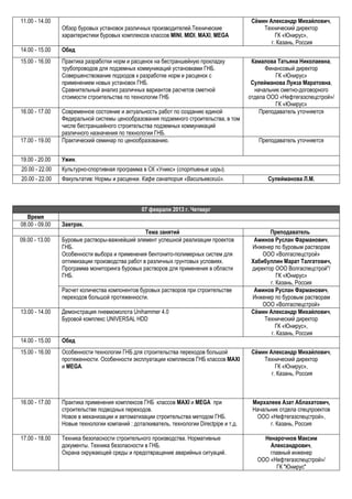 11.00 - 14.00                                                                              Сёмин Александр Михайлович,
                Обзор буровых установок различных производителей.Технические                   Технический директор
                характеристики буровых комплексов классов MINI, MIDI, MAXI, MEGA                    ГК «Юнирус»,
                                                                                                  г. Казань, Россия
14.00 - 15.00   Обед
15.00 - 16.00   Практика разработки норм и расценок на бестраншейную прокладку             Камалова Татьяна Николаевна,
                трубопроводов для подземных коммуникаций установками ГНБ.                       Финансовый директор
                Совершенствование подходов к разработке норм и расценок с                           ГК «Юнирус»
                применением новых установок ГНБ.                                           Сулейманова Луиза Маратовна,
                Сравнительный анализ различных вариантов расчетов сметной                   начальник сметно-договорного
                стоимости строительства по технологии ГНБ                                 отдела ООО «Нефтегазспецстрой»/
                                                                                                    ГК «Юнирус»
16.00 - 17.00   Современное состояние и актуальность работ по созданию единой                 Преподаватель уточняется
                Федеральной системы ценообразования подземного строительства, в том
                числе бестраншейного строительства подземных коммуникаций
                различного назначения по технологии ГНБ.
17.00 - 19.00   Практический семинар по ценообразованию.                                     Преподаватель уточняется


19.00 - 20.00   Ужин.
20.00 - 22.00   Культурно-спортивная программа в СК «Уникс» (спортивные игры).
20.00 - 22.00   Факультатив: Нормы и расценки. Кафе санатория «Васильевский».                    Сулейманова Л.М.



                                                07 февраля 2013 г. Четверг
   Время
08.00 - 09.00   Завтрак.
                                                Тема занятий                                      Преподаватель
09.00 - 13.00   Буровые растворы-важнейший элемент успешной реализации проектов             Аминов Руслан Фарманович,
                ГНБ.                                                                       Инженер по буровым растворам
                Особенности выбора и применения бентонито-полимерных систем для                ООО «Волгаспецстрой»
                оптимизации производства работ в различных грунтовых условиях.             Хабибуллин Марат Талгатович,
                Программа мониторинга буровых растворов для применения в области           директор ООО Волгаспецстрой"/
                ГНБ.                                                                                 ГК «Юнирус»
                                                                                                  г. Казань, Россия
                Расчет количества компонентов буровых растворов при строительстве           Аминов Руслан Фарманович,
                переходов большой протяженности.                                           Инженер по буровым растворам
                                                                                               ООО «Волгаспецстрой»
13.00 - 14.00   Демонстрация пневмомолота Unihammer 4.0                                    Сёмин Александр Михайлович,
                Буровой комплекс UNIVERSAL HDD                                                  Технический директор
                                                                                                     ГК «Юнирус»,
                                                                                                  г. Казань, Россия
14.00 - 15.00   Обед
15.00 - 16.00   Особенности технологии ГНБ для строительства переходов большой             Сёмин Александр Михайлович,
                протяженности. Особенности эксплуатации комплексов ГНБ классов MAXI            Технический директор
                и MEGA.                                                                             ГК «Юнирус»,
                                                                                                  г. Казань, Россия



16.00 - 17.00   Практика применения комплексов ГНБ классов MAXI и MEGA при                 Мирхалеев Азат Аблахатович,
                строительстве подводных переходов.                                         Начальник отдела спецпроектов
                Новое в механизации и автоматизации строительства методом ГНБ.              ООО «Нефтегазспецстрой»,
                Новые технологии компаний : доталкиватель, технологии Directpipe и т.д.          г. Казань, Россия

17.00 - 18.00   Техника безопасности строительного производства. Нормативные                   Ненарочнов Максим
                документы. Техника безопасности в ГНБ.                                           Александрович,
                Охрана окружающей среды и предотвращение аварийных ситуаций.                     главный инженер
                                                                                             ООО «Нефтегазспецстрой»/
                                                                                                   ГК "Юнирус"
 