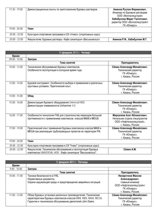 17.30 - 19.00   Демонстрационные опыты по приготовлению буровых растворов.           Аминов Руслан Фарманович,
                                                                                     Инженер по буровым растворам
                                                                                        ООО «Волгаспецстрой»
                                                                                    Хабибуллин Марат Талгатович,
                                                                                    директор ООО «Волгаспецстрой»/
                                                                                              ГК «Юнирус»
19.00 - 20.00   Ужин.

20.00 - 22.00   Культурно-спортивная программа в СК «Уникс» (спортивные игры).
20.00 - 22.00   Факультатив: Буровые растворы. Кафе санатория «Васильевский».       Аминов Р.Ф., Хабибуллин М.Т.



                                           14 февраля 2013 г. Четверг
   Время
09.00 - 10.00   Завтрак.
                                           Тема занятий                                    Преподаватель
10.00 - 12.00   Техническое обслуживание буровых комплексов.                        Сёмин Александр Михайлович,
                Особенности эксплуатации в холодное время года.                         Технический директор
                                                                                             ГК «Юнирус»,
                                                                                           г. Казань, Россия

12.00 - 14.00   Буровой инструмент. Особенности выбора и применения в различных     Сёмин Александр Михайлович,
                грунтовых условиях. Практический опыт.                                  Технический директор
                                                                                             ГК «Юнирус»,
                                                                                           г. Казань, Россия
14.00 - 15.00   Обед.

15.00 - 16.00   Демонстрация бурового оборудования Universal HDD.                   Сёмин Александр Михайлович,
                Демонстрация пневмомолота Unihammer 4.0                                 Технический директор
                                                                                             ГК «Юнирус»,
                                                                                           г. Казань, Россия
16.00 - 17.00   Особенности технологии ГНБ для строительства переходов большой      Мирхалеев Азат Аблахатович,
                протяженности с применением комплексов классов MAXI и MEGA.         Начальник отдела спецпроектов
                                                                                      ООО «Нефтегазспецстрой»,
                                                                                          г. Казань, Россия
17.00 - 19.00   Практический опыт применения буровых комплексов классов MAXI и      Сёмин Александр Михайлович,
                MEGA при реализации трубопроводных проектов не территории РФ.           Технический директор
                                                                                             ГК «Юнирус»,
                                                                                           г. Казань, Россия
19.00 - 20.00   Ужин.
20.00 - 22.00   Культурно-спортивная программа в СК "Уникс" (спортивные игры).
20.00 - 22.00   Факультатив: Техническое обслуживание и эксплуатация буровых                 Сёмин А.М.
                комплексов UNIVERSAL HDD. Кафе санатория "Васильевский".


                                        15 февраля 2013 г. Пятница
  Время
9.00 - 10.00    Завтрак.
                                            Тема занятий                                   Преподаватель
10.00 - 11.00   Техника безопасности в ГНБ.                                             Ненарочнов Максим
                Нормативные документы.                                                    Александрович,
                Охрана окружающей среды и предотвращение аварийных ситуаций.              главный инженер
                                                                                      ООО «Нефтегазспецстрой»/
                                                                                              ГК «Юнирус»
                                                                                          г. Казань, Россия
11.00 - 13.00   Обзор буровых установок различных производителей. Технические       Сёмин Александр Михайлович,
                характеристики буровых комплексов классов MINI, MIDI, MAXI, MEGA.       Технический директор
                Гарантия и техническое обслуживание двигателей John Deere.                   ГК «Юнирус»,
                                                                                           г. Казань, Россия
 
