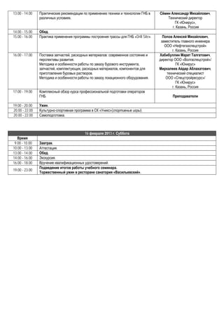 13.00 - 14.00   Практические рекомендации по применению техники и технологии ГНБ в      Сёмин Александр Михайлович,
                различных условиях.                                                         Технический директор
                                                                                                 ГК «Юнирус»,
                                                                                               г. Казань, Россия
14.00 - 15.00   Обед.
15.00 - 16.00   Практика применения программы построения трассы для ГНБ «Drill Site».     Попов Алексей Михайлович,
                                                                                         заместитель главного инженера
                                                                                           ООО «Нефтегазспецстрой»
                                                                                                г. Казань, Россия
16.00 - 17.00   Поставка запчастей, расходных материалов: современное состояние и       Хабибуллин Марат Талгатович,
                перспективы развития.                                                   директор ООО «Волгаспецстрой»/
                Методика и особенности работы по заказу бурового инструмента,                      ГК «Юнирус»
                запчастей, комплектующих, расходных материалов, компонентов для         Мирхалеев Айдар Аблахатович,
                приготовления буровых растворов.                                            технический специалист
                Методика и особенности работы по заказу локационного оборудования.          ООО «Спецстройресурс»/
                                                                                                   ГК «Юнирус»
                                                                                                г. Казань, Россия
17.00 - 19.00   Комплексный обзор курса профессиональной подготовки операторов
                ГНБ.                                                                           Преподаватели

19.00 - 20.00   Ужин.
20.00 - 22.00   Культурно-спортивная программа в СК «Уникс»(спортивные игры).
20.00 - 22.00   Самоподготовка.



                                            16 февраля 2013 г. Суббота
   Время
 9.00 - 10.00   Завтрак.
10.00 - 13.00   Аттестация.
13.00 - 14.00   Обед.
14.00 - 16.00   Экскурсия.
16.00 - 18.00   Вручение квалификационных удостоверений.
                Подведение итогов работы учебного семинара.
19.00 - 23.00
                Торжественный ужин в ресторане санатория «Васильевский».
 